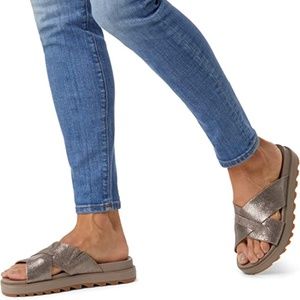 Sorel Roaming Criss Cross Slides Sandals Metallic Silver Gold Women's Size 10.5
